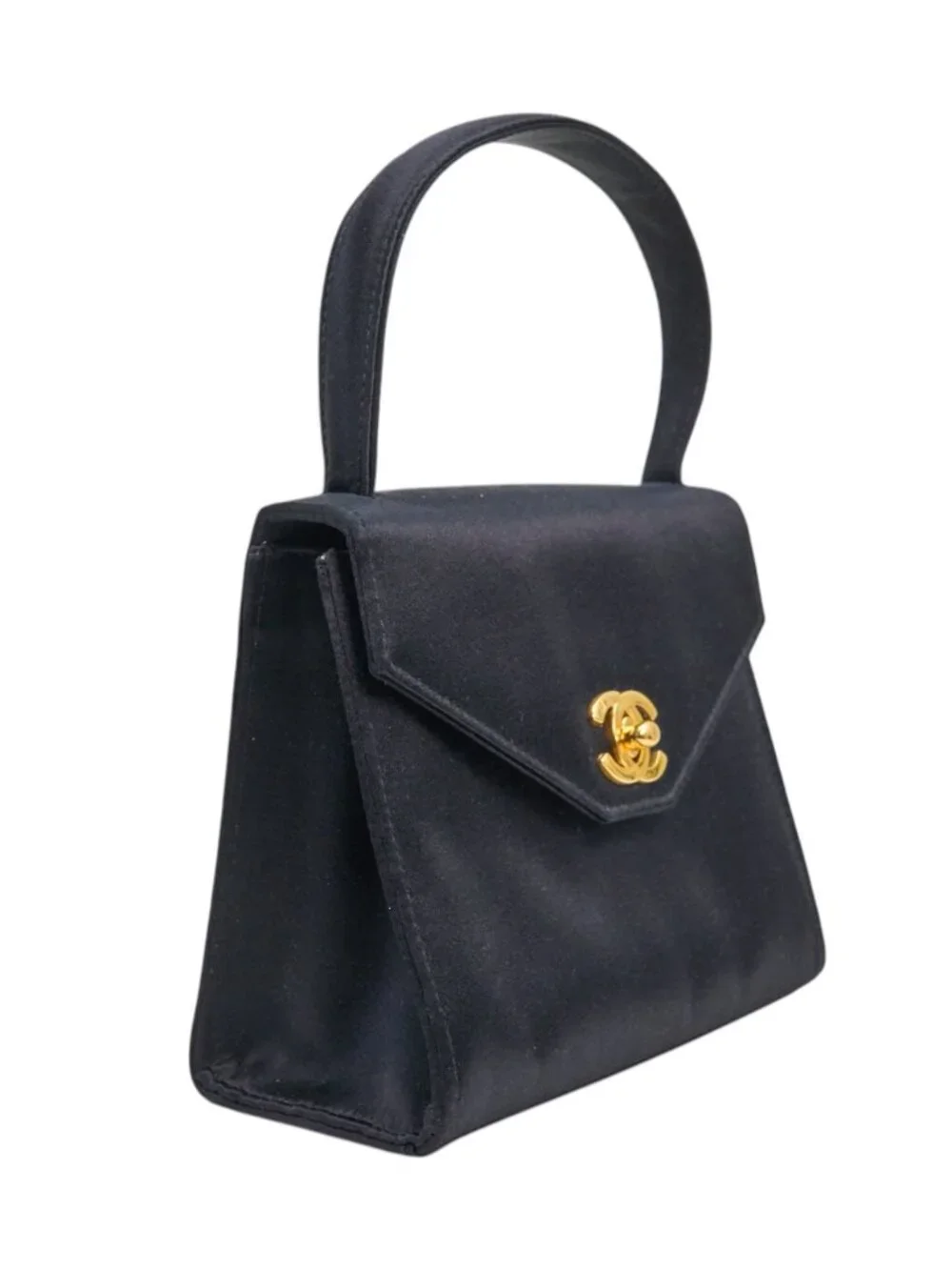 Chanel Vintage Kelly 90's Black Satin Gold Mini Evening Bag